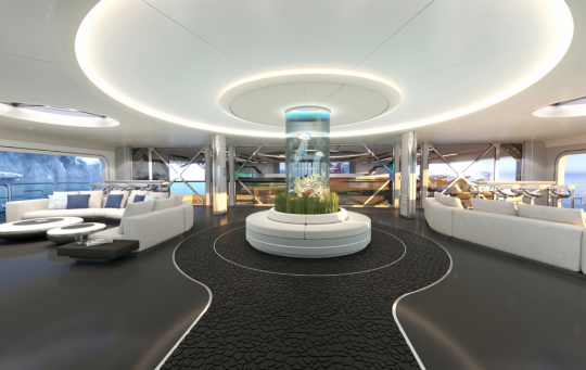 Le grand beach-club avec son aquarium cylindrique et ses balcons déployables © Gresham Yacht Design