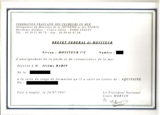 Diplôme Brevet Fédéral de Monteur Peche Mer  ©Jérôme Rabin  