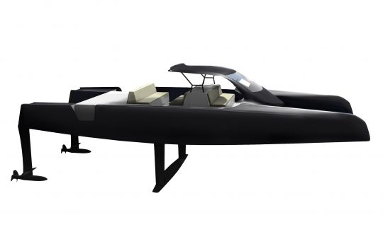 Vue du futur catamaran à moteur à foil développé par Mer Concept et François Gabart
