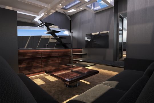 Le salon/cuisine à l'intérieur du bateau