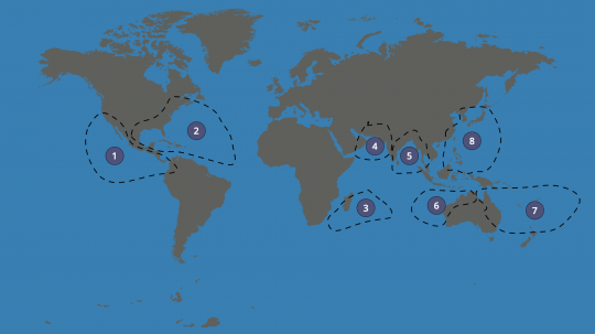 Bassins géographiques des cyclones dans le monde © FX Ricardou