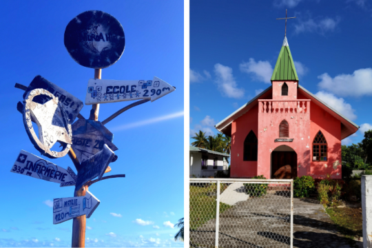 Panneaux de signalisation et église du village ©Julie Leveugle