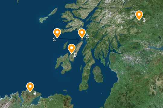 1 Détroit de Corryvreckan, 2 Scarba, 3 Jura, 4 Irlande, 5 Ecosse