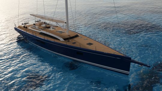 Le Swan 80 avec une finition de coque bleue