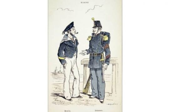 Gravure du 19e siècle représentant un marin et un fantassin en uniforme dans l'armée de Napoléon III 