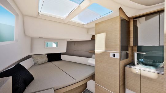 The forward cabin is spacious and includes the head