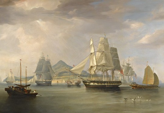 Bateaux européens et jonques chinoises se disputent le commerce de l'opium aux abords de l'île de Lintin. Tableau de 1824, William John Huggins