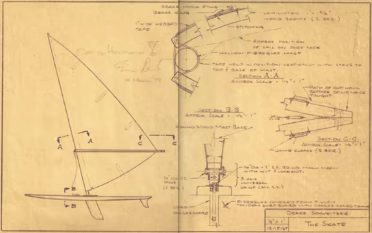 Ce croquis de Jim Drake, réalisé en 1967, a servi de fondement à l'octroi d'un brevet pour le véliplanchiste, alors encore connu sous le nom de travail ''The Skate'' © Jim Drake