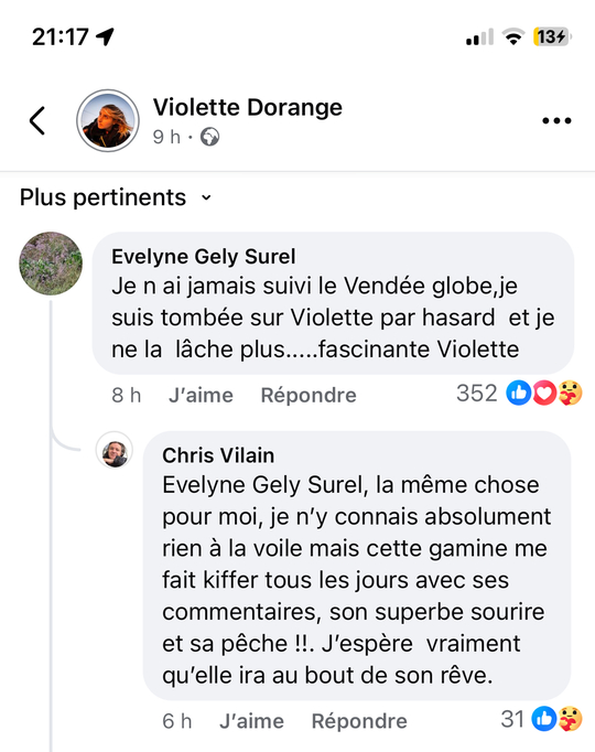 Sous un post de Violette, beaucoup de femmes écrivent qu'elle ne s'intéressaient pas à la voile et qu'elles vont suivre sa course avec passion