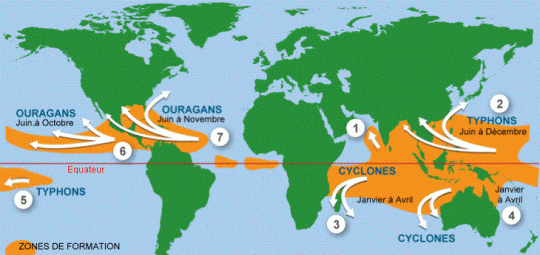 Périodes approximatives de formation des tempêtes dans le monde