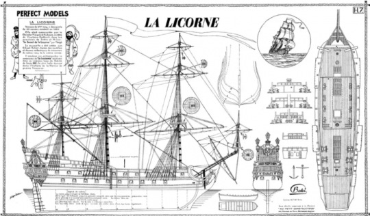 Plan du vaisseau La Licorne établit par Gérard Liger-Belair