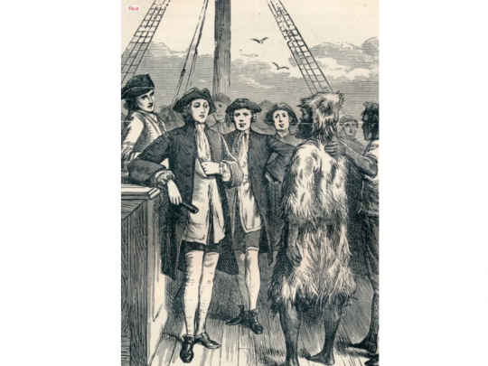 Selkirk accueilli à bord du Duke par le capitaine Woodes Rogers