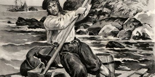 Robinson transporte dans l'île sur un radeau les choses utiles de l'épave © BNF