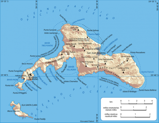 Carte de l'île Robinson Crusoé (anciennement nommée Más a Tierra), où Selkirk a vécu comme un naufragé
