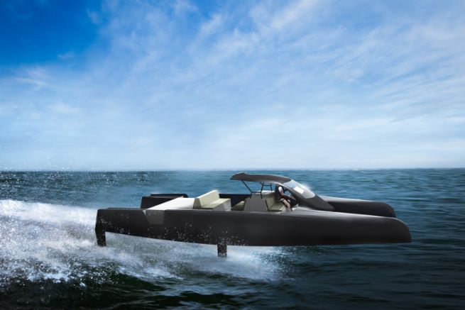 Vue d'artiste du futur catamaran  moteur  foil dvelopp par Mer Concept et Franois Gabart